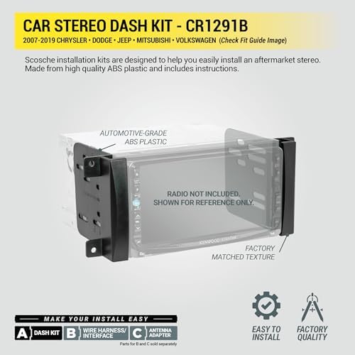 Scosche CR1291B Double DIN Radio Install Dash Kit Compatible with Select 2007-19 Chrysler, Dodge, Jeep, Mitsubishi and VW Vehicles - Car Stereo Install Kit - See Fit Guide in Images to Verify Vehicle