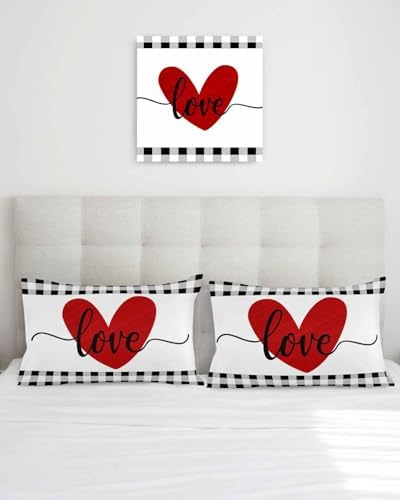 Red Valentine's Day Love Heart Pillow Covers 12x20 Inch Set of 2, Buffalo Plaid Decorations Outdoor Throw Pillow Covers, Holiday Linen Square Pillowcases for Sofa Couch Bedroom Patio Decorative - Image 3