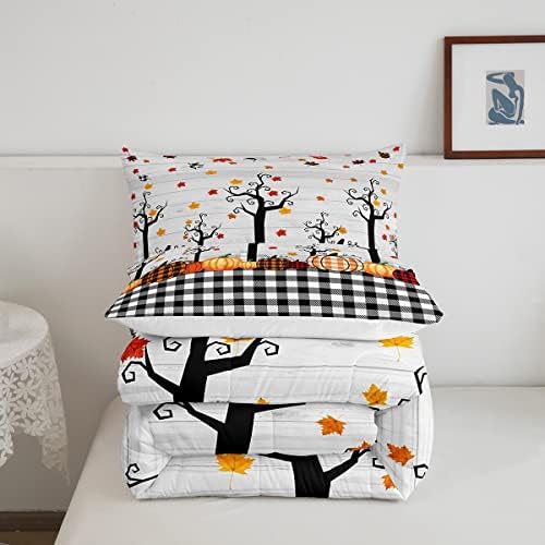Fall Pumpkin Harvest Comforter Set Twin Size Black White Plaid Bedding Set For Kids Boys Halloween Maple Leaves Autumn Down Comforter Geometric Buffalo Grid Duvet Set Retro Room Decor, Orange - Image 5