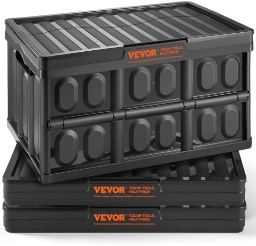 VEVOR 45L Collapsible Storage Bins with Lids 3 Packs, Stackable Utility Crates with Handles, Large Folding Containers for Organizing Tools, Snacks, Books, Food, Drinks, Camping & Transport by VEVOR
