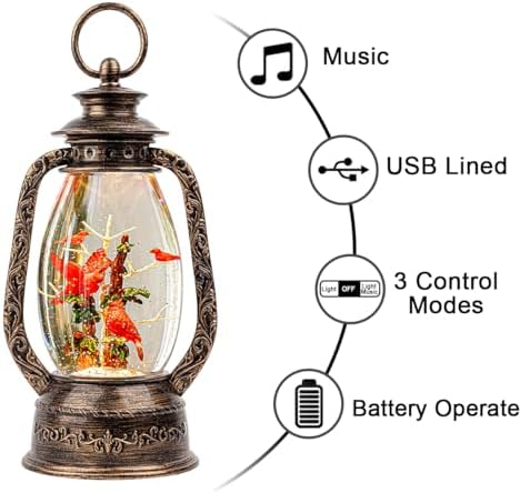 Christmas Snow Globe Lantern Water Glittering 12'' Cardinal with Music, USB Lined/Battery Operated Lighted Lantern for Christmas Festival Decoration Gifts - Image 4