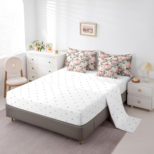 Erosebridal Retro Pink Pumpkin Bedding Set 7 Piece Eucalyptus Leaves Queen Comforter Set for Girls Women Autumn Farmhouse Thanksgiving Fall Bed in A Bag Cute White Floral Sheet Set with Comforter - Image 4