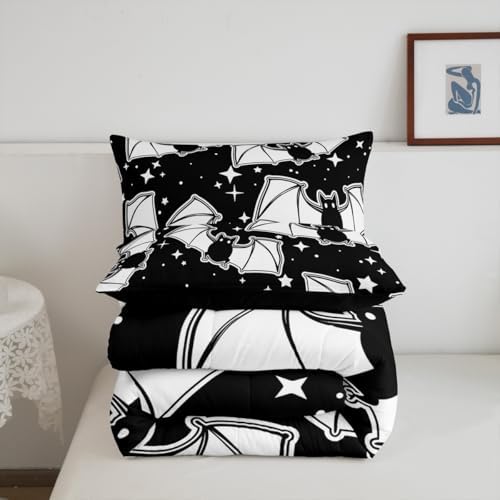 Feelyou Halloween Bedding Set for Girls Boys Kids Toddler Size Black Bats Animal Print Silhouette Comforter Cover Room Decor Happy Holiday Cute Star Print Luxury Duvet Cover Black Quilt Set - Image 3