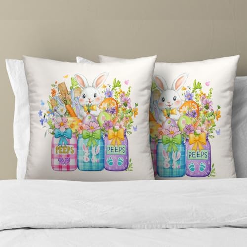 Sweetshow Easter Bunny Carrots Throw Pillow Covers 22X22 Inches Set of 2 Spring Colorful Flowers Mason Jar Pillowcase Soft Cotton Square Seasonal Cushion Covers for Living Room Sofa Bedroom Decor - Image 3