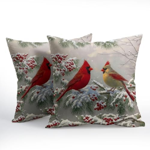 Winter Throw Pillow Covers 16x16 Set of 2 Red Cardinal Bird Snow Berries - Image 3