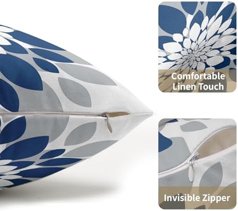 Blue Grey Dahlia Pillow Covers 12x20 Set of 2 Navy Blue Floral Throw Pillow Covers Natural Pillowcase Linen Decoration Farmhouse Soft Decorative Flower Cushion Case Couch for Indoor Outdoor Home Decor - Image 5
