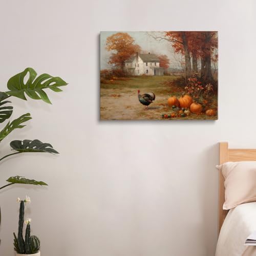 Autumn Farmhouse Wall Art with Turkey and Pumpkins – Vintage Thanksgiving Landscape Poster,Rustic Fall Harvest Canvas Print for Dining Room Decor 24x36in Large Frame wall art - Image 5