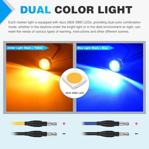 Nilight 3/4 Inch Dual Color Marker Light Amber Turn Blue Clearance Lights