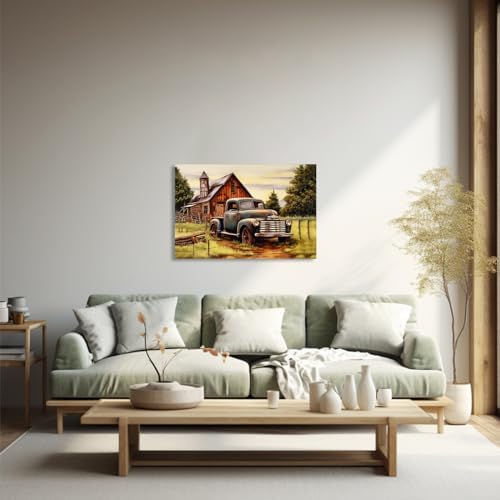 QIXIANG Farmhouse Vintage Truck Canvas Wall Art Blue Truck and Old Barn Country Picture Prints for Bathroom Office with Framed (16.00" x 24.00", Vintage) - Image 2