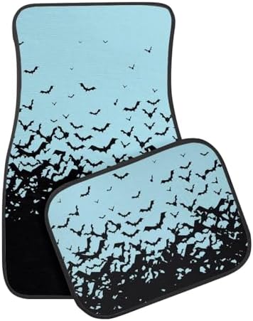 Aqua Black Bat Print Funny Halloween Car Floor Mats 4 PCS, Cute Durable Interior Accessories for Car SUV, All Weather Floor Mats with Front Rear Trunk Liners Set for Party
