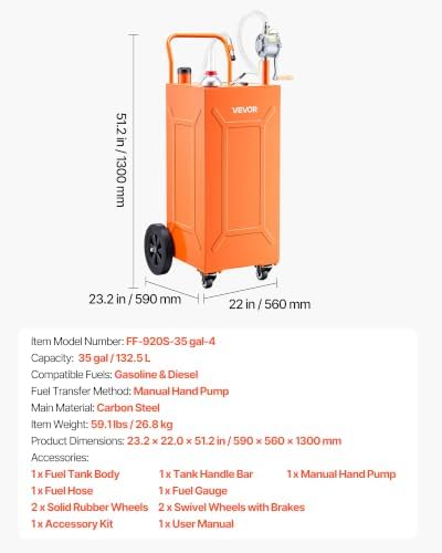 VEVOR 35 Gallon Fuel Gas Caddy, Carbon Steel, Portable Fuel Transfer Storage Tank with Manual Pump & 4 Wheels, Gasoline Diesel Can Container, for Cars, Lawn Mowers, ATVs, Boats, Motorcycles, Orange - Image 7