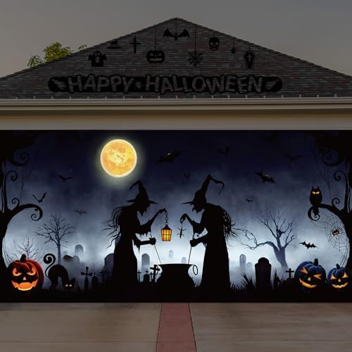 Halloween Garage Door Cover 7 x 16 ft Witch Silhouette Door Decoration by Preboun