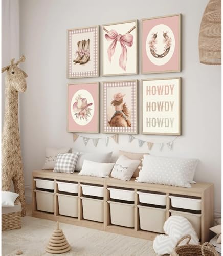 Western Cowgirl Nursery Wall Art Decor Vintage Girl Room Canvas Poster Pink Coquette Nursery Art Prints Preppy Aesthetic Pictures Bow Floral Boots Artwork for Girls Bedroom 12x16 Inch Framed 6Pcs - Image 3