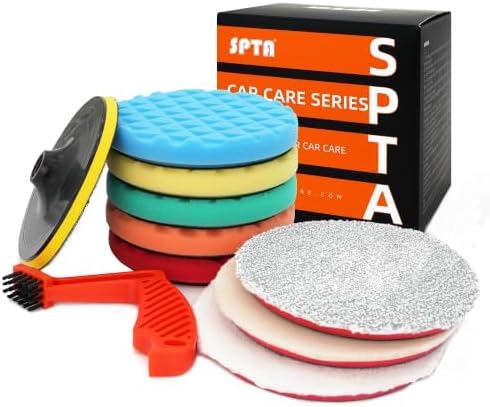 SPTA 10pcs Polishing Pads Kit, 7 Inches Large Size Buffing Pads, Car Foam Buffing Sponge Pads Kit with 5/8"-11 Backing Plate for Car Waxing Polishing by SPTA