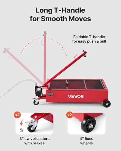 VEVOR Low Profile Oil Drain Pan, 17 Gal Capacity, Rolling Oil Drain Pan with 110V High-Flow Electric Pump, 7.2 ft Hose & T Folding Handle, Leak-Proof & Corrosion-Resistant, Fit for Trucks, ATVs, Red - Image 5