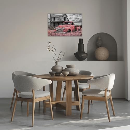 AWPANERAR Rustic Farmhouse Wall Decor Old Truck Canvas Print Car Painting Vintage Truck Poster Living Room Decor Frame (Pink, (12.00" x 18.00")) - Image 3