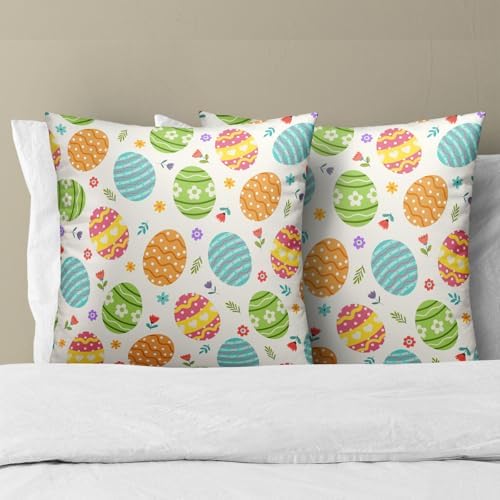 Easter Throw Pillow Covers 18X18 Inches Set of 2 Colorful Eggs Spring Flowers Pillowcase Soft Cotton Square Seasonal Cushion Covers for Living Room Sofa Bedroom Decor - Image 3
