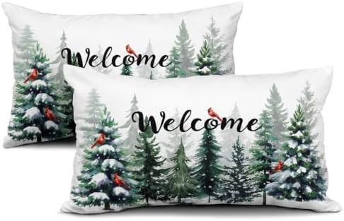 Sweetshow Green Pine Tree Forest Pillow Covers Set of 2 Cotton 20x12 Inches - Image 2