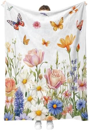 Floral Butterfly Blanket Colorful Flowers Gifts for Women Kids Girls Wife Mom Birthday Christmas Halloween Easter Sisters Daughter Female Friends Friendship Spring Throw Blankets 50"x60" by Hohoto