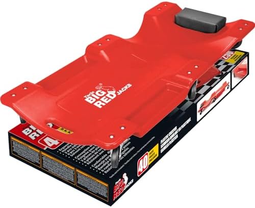 BIG RED TRP6240 Torin Blow Molded Plastic Rolling Garage/Shop Creeper: 40" Mechanic Cart with Padded Headrest, Dual Tool Trays and 6 Casters, Red by BIGRED