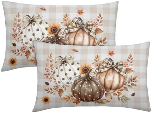 Fall Thanksgiving Pillow Covers 12x20 Set of 2 Autumn Pumpkin Maple Leaves Dot Floral Outdoor Throw Pillows Covers Orange Cream Plaid Bow Decorative Farmhouse Cushion Case for Room Couch Sofa by Unknown