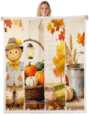 Fall Harvest Sherpa Blanket Pumpkin Scarecrow Wheat Throw Blanket Bedroom Living Room Soft Cozy Country Thanksgiving Blankets Decor for Bed Couch Sofa Orange Green Silvery Flannel Blankets 50"x60" by CastleFairy