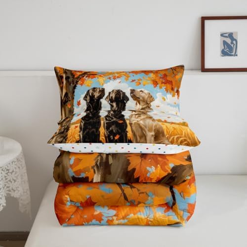 Feelyou Fall Bedding Set for Girls Boys Kids Twin Size Maple Leaves Pumpkin Comforter Cover Room Decor Dogs Duvet Cover Yellow Orange Quilt Set - Image 3