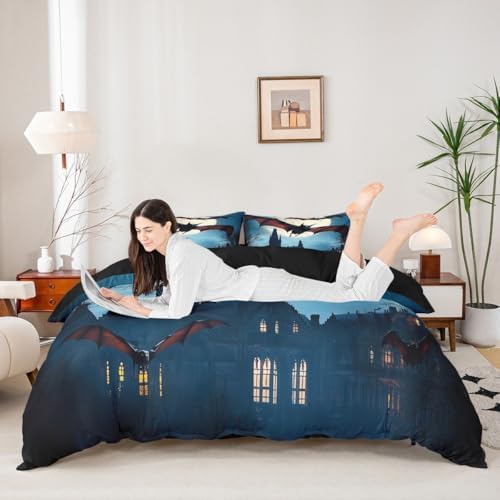 Feelyou Halloween Bedding Set Horror Dark Bats Bedding Duvet Cover Set for Boys Girls Trick or Treat Decor Comforter Cover Set Scary Moon Castles Bedspread Cover Bedroom Quilt Cover 3Pcs Full Size - Image 3