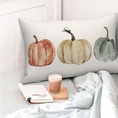 Fall Pillow Covers 12x20 Inch Set of 2 Watercolor White Orange Green Pumpkin Throw Pillows Outdoor Fall Decoration Pillow Cases Autumn Thanksgiving Lumbar Cushion Covers for Couch Sofa Decor - Image 3
