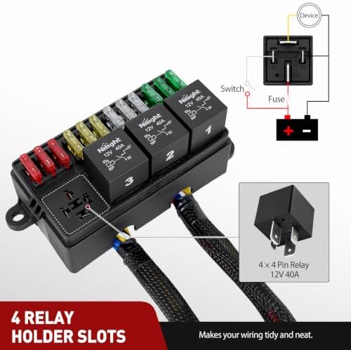 Nilight 12V Fuse Relay Box 4 Relays 4pin 40A 12 Fuses Pre-Wired Block Kit