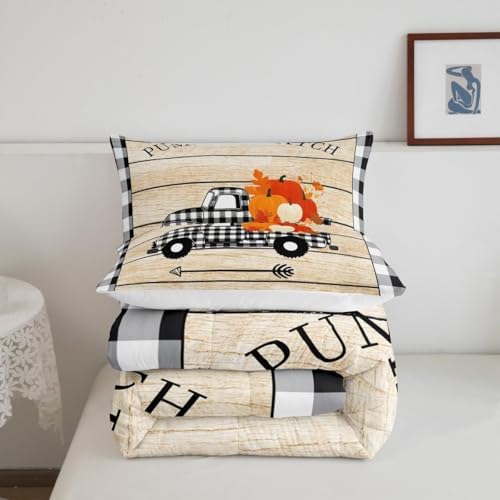 Homewish Geometric Plaid Truck Comforter Set Twin Size,Rustic Farmhouse Bedding for Kids Boys Girls Room Decor,Fall Pumpkin Themed Quilt Halloween Style Duvet Insert 2pcs with 1 Pillowcase - Image 2