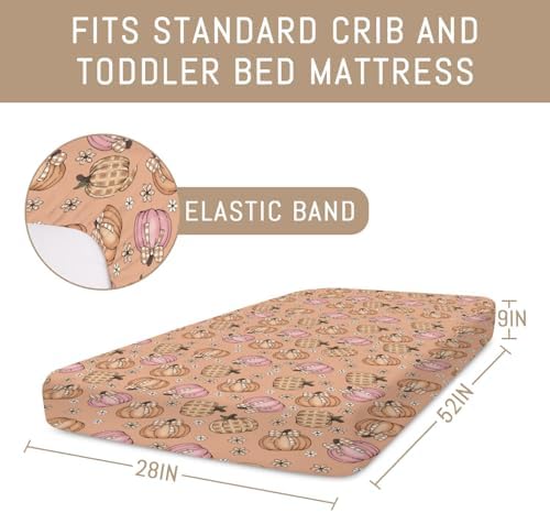Boho Fall Pumpkin Bows Plaids Baby Crib Sheets for Boy Girl Autumn Pumpkins Floral Checks Soft Snug Fitted Crib Mattress Covers for 52''x28'' Standard Crib & Toddler Mattress Thanksgiving Baby Sheet - Image 7