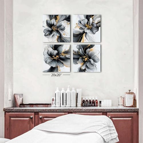 Abstract Canvas Art Black and White Floral Wall Painting Marble Fluid Watercolor Wall Art Gold Splash Ink Minimalist Modern Posters Living Room Bathroom Office Interior Home Decoration 20x20" 4 Pieces - Image 6