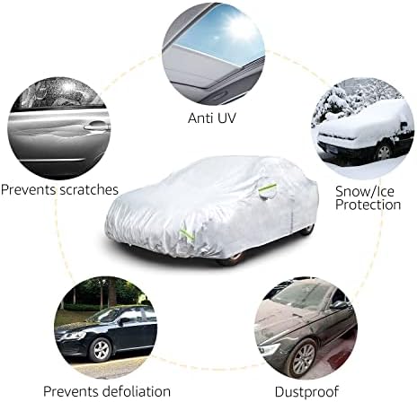 Amazon Basics Silver Weatherproof Car Cover, 150D Oxford, UV Protection, Snow Protection, Dustproof, Sedans up to 180", with Door Zipper and Reflective Straps