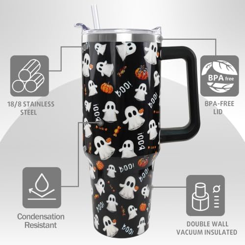 Halloween Tumbler with Handle 40oz Cute Ghost Pumpkin Coffee Travel Mug Stainless Steel Insulated Cups Halloween Trick or Treat Dark Aesthetics Decor Gifts - Image 6