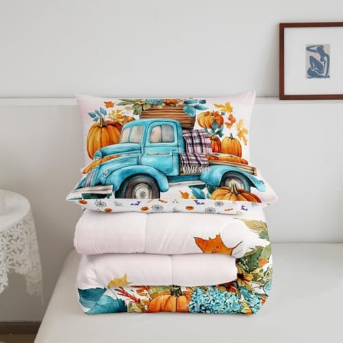 Erosebridal Pumpkin Car Bedding Comforter Sets Pumpkin Flowers Comforter Set, Kids Thanksgiving Gifts Bedding for Boys Girls Little Pumpkin Duvet Insert Fall Home Decor, King - Image 4