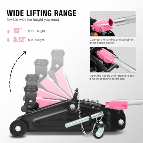 DNA Motoring Floor Jack with Socket and Lock, Low Profile Hydraulic Trolley Jack for Cars Lift, 2 Ton (4000 lbs) Capacity, Lifting Range 5.12"-13", Pink, TOOLS-00677-PK - Image 3