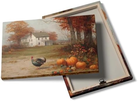 Autumn Farmhouse Wall Art with Turkey and Pumpkins – Vintage Thanksgiving Landscape Poster,Rustic Fall Harvest Canvas Print for Dining Room Decor 16x20in Large Frame wall art - Image 2