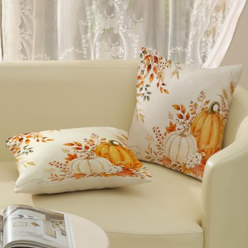 Fall Pillow Covers 18x18 Set of 2 Orange White Pumpkin Throw Pillow Covers Autumn Maple Leaf Eucalyptus Decorative Ourdoor Pillow Cases Thanksgiving Harvest Linen Cushion Cover for Couch Home Decor - Image 5