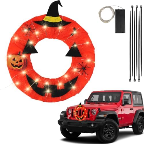 Lighted Halloween Car Wreath, 13" Artificial LED Car Wreath with Pumkin,Spider,Bat and Jack-O-Lantern for Front Grill, Light Powered Halloween Wreath Decor Fits Jeep Truck SUV RV and Golf Cart