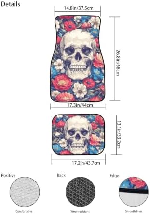 Sugar Skull Car Accessories Floor Mats 4PCS, Floral Rubber Front and Rear Mats Non-Slip Floor Mats, All Season Heel Pad Fit for SUV Van