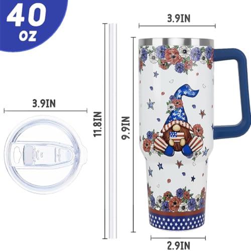 4th of July Tumbler with Handle 40 oz Gnomes Stars Flags Coffee Travel Mug Stainless Steel Poppy Flower Insulated Cups Independence Day Memorial Day Decor Gifts - Image 4