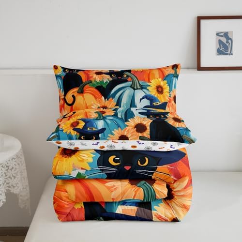 Black Cat Decor Bedding Comforter Sets Halloween Pumpkin Bedding Blue Pumpkin Decor Comforter Set for Girls Boys, Sunflower Gifts for Women Duvet Insert with 2 Pillowcases for Youth Teens, Full - Image 5