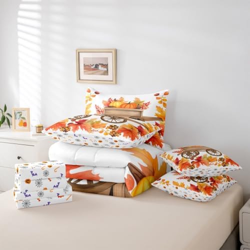 Erosebridal Thanksgiving Pumpkin King Comforter Set,Maple Leaves Autumn Decor 7 Pieces Bed in a Bag,Farmhouse Harvest Fall Leaves Bedding Sets with Comforter,Flat Sheet,Fitted Sheet and Pillow Sham - Image 5