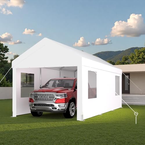 10x20FT Canopy, Outdoor Portable Garage with 2 Roll-Up Doors & 4 Ventilated Windows, Patio Camping Heavy Duty Car Port Canopy with PE Cover, Ground Pegs & Steel Cables, Easy Assembly, White - Image 7