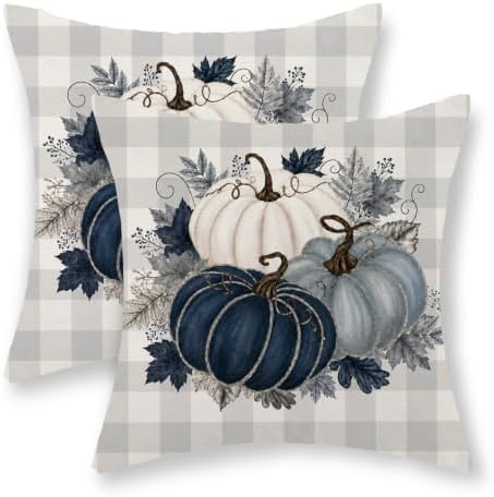 Fall Blue PumpkinPillow Covers 18x18 Set of 2 White Grey Buffalo Plaid by Gohdiwh