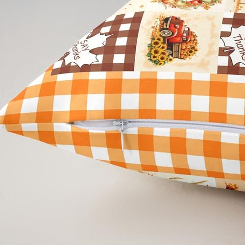 Manfei Fall Thanksgiving Day Double Sides Print Pillow Covers 2 Pack,Autumn Harvest Pumpkin Sunflower Turkey Throw Pillow Case Covers,Retro Orange Yellow Plaids Patchwork Cushion Covers,18"x18" - Image 5