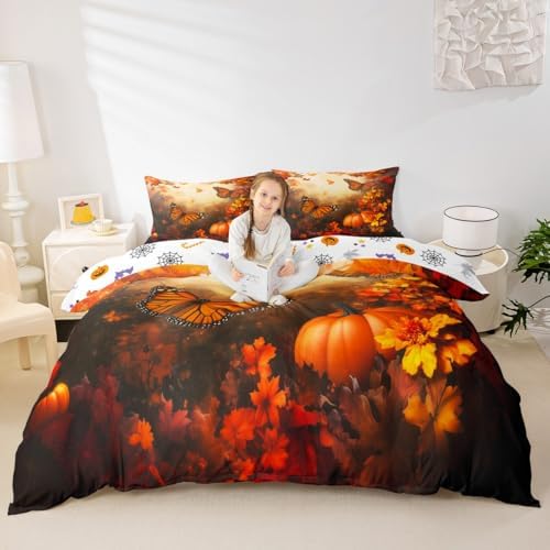 Erosebridal Adult Autumn Harvest Bedding Set, Fall Pumpkin Duvet Cover Twin Size Happy Thanksgiving Comforter Cover for Kids Teens Women, Maple Leaves Rustic Quilt Cover with 1 Pillow Case by Erosebridal
