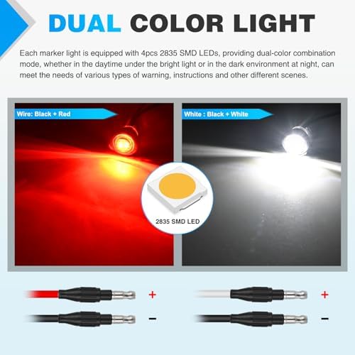 Nilight 3/4 Inch Dual Color Marker Light Red Brake White Clearance Lights