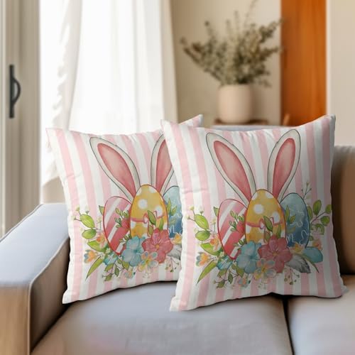 Easter Pillow Covers 22x22 Set of 2 Spring Throw Pillow Covers Rustic Bunny Ear Pink Pillowcase Linen Decoration Farmhouse Soft Decorative Eggs Stripe Cushion Case Couch for Indoor Outdoor Home Decor - Image 3